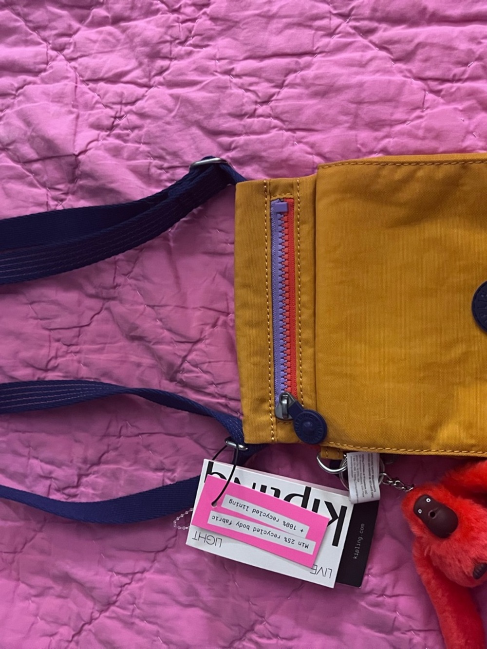 Kipling Mustard Yellow Crossbody with Navy Strap